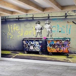 Graffiti Wall Mural – Urban Street Art Wallpaper with Kids & Trash Bins