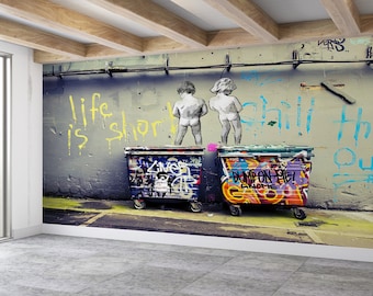Graffiti Wall Mural – Urban Street Art Wallpaper with Kids & Trash Bins