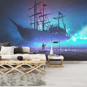 Seascape Surrealist Wall Paper, Starry Sky Landscape Wall Decor, Boy Room Wall Paper, Little Boy And Boat Wall Painting, Housewarming Gift,