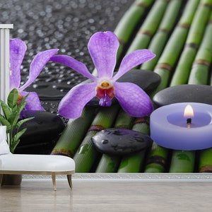 Framed Paper Art, Modern Wall Paper, Self Adhesive Paper, Bamboo Grove Wall Paper, Wall Hanging, Purple Orchid Bamboo Grove Wall Painting,