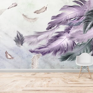 Wall Stickers, Feather Wall Poster, Modern Wall Decor, Wall Deco, Wall Covering, Purple And Gray Feather Painting Wallpaper, Luxury Wall Art