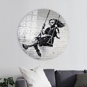 Banksy Girl On Swing Art, Graffiti Girl Wall Art, Swing Girl Wall Decor, Modern Canvas Art, 3D Glass Art, Personalized Gift, Home Decor Art,
