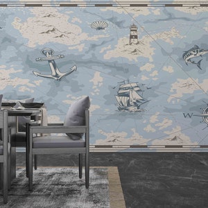 Blue Wall Paper, Sea Compass Wall Art, Boy Room Wall Decor, Kids Room Wall Paper, Room Wall Decor, Nursery Wall Art, Custom Wallpaper,