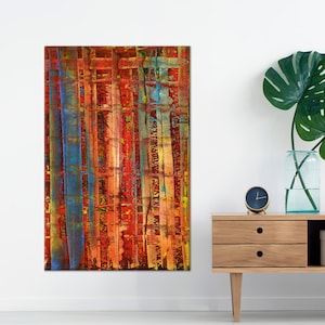 May include: Abstract painting with vertical stripes in shades of red, orange, yellow, blue, and green. The painting has a textured surface and a modern style.
