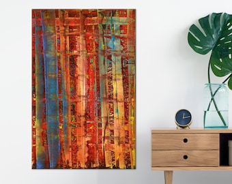 May include: Abstract painting with vertical stripes in shades of red, orange, yellow, blue, and green. The painting has a textured surface and a modern style.