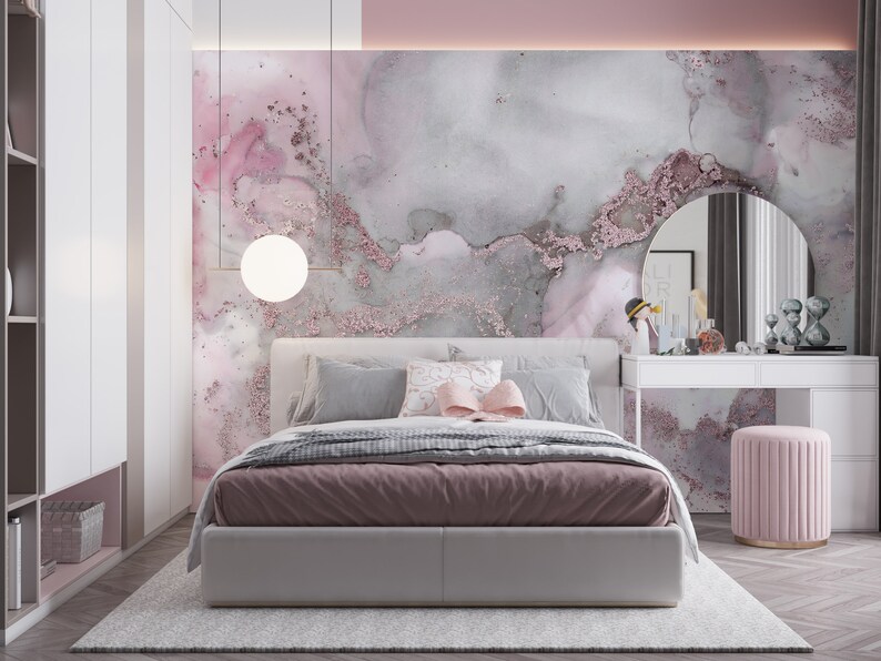 Vinyl Wallpaper, Pink Wallpaper, Digital Paper, Wall Mural Wallpaper, Modern Wall Print, Pink And Gray Marble Wall Mural, Marble Wallpaper, image 2