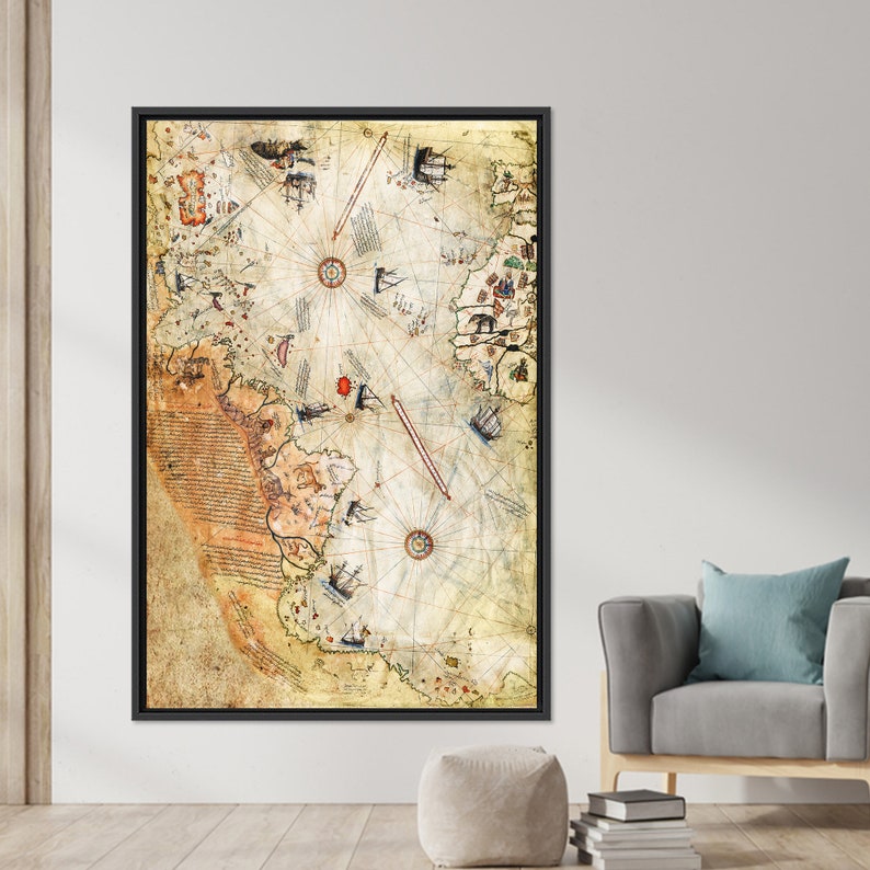 Trendy Canvas Print, Boho Wall Decor Glass Wall, Piri Reis Map Canvas, Map Glass, Antique Map Glass Art, Gift For The Home Art Glass, BLACK FRAMED CANVAS