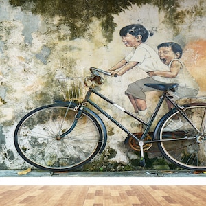 3D Paper Art, Wallpaper Patent, 3D Wall Art, Housewarming Gift, Children On Bike Graffiti Mural, Penang Malaysia Wall Paper, Man Cave Decor,