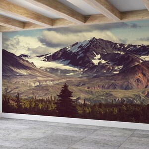 3D Wall Mural, Self Adhesive Paper, Accent Wall, Gift For Him, Snowy Mountain Landscape Wall Decals, Winter Landscape Wall Art,