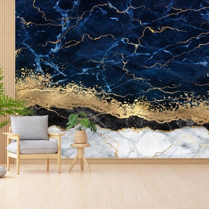 Luxury Wallpaper, Blue Marble Wall Paper, Wall Deco, Digital Paper, Navy Blue Marble Wall Decor, Marble Wallpaper, 3D Origami Wall Print,