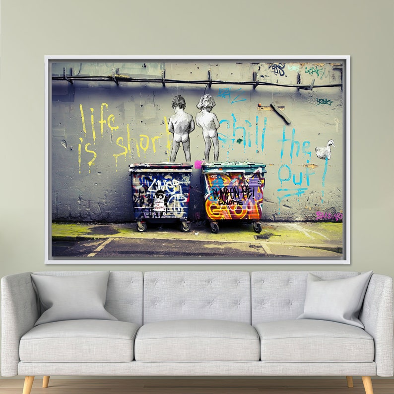 Banksy Graffiti Art: Life Is Short, Tempered Glass Wall Decor WHITE FRAMED CANVAS