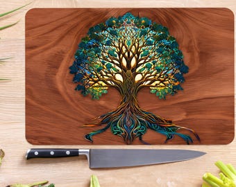 Tree of Life Tempered Glass Cutting Board: Personalized Kitchen Decor