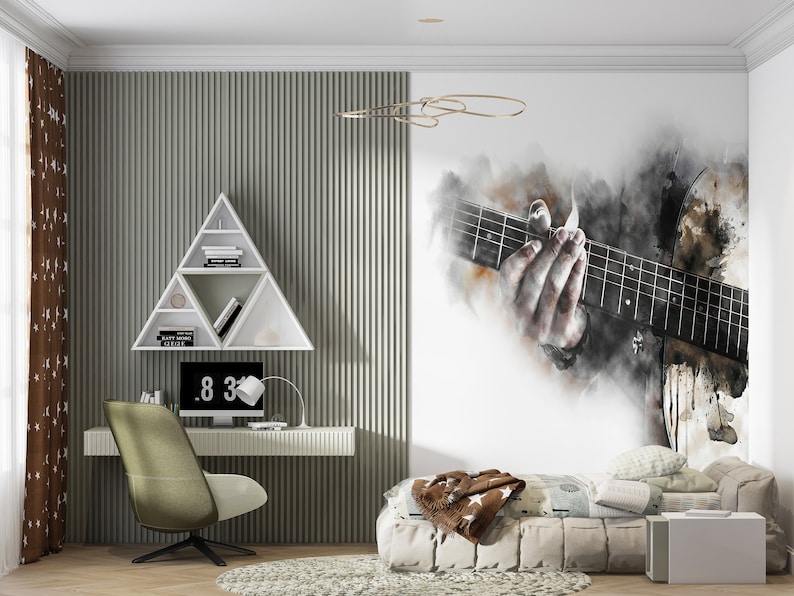 Guitar Watercolor Wallpaper: 3D Paper Wall Art, Music Room Decals image 4