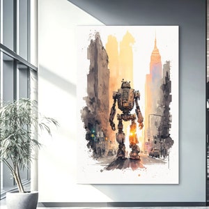Robot in Town 7 - Pencil and Watercolor Style | AI generated printable Wall Art | Instant Download