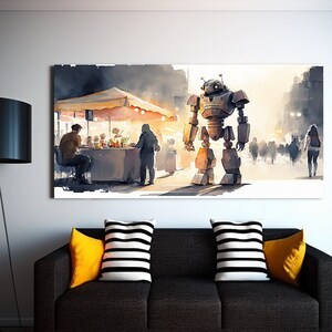 Robot in Town 3 - Pencil and Watercolor Style | AI generated printable Art | Instant Download