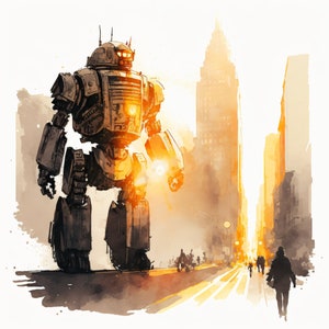 Robot in Town 2 - Pencil and Watercolor Style | AI generated printable Art | Instant Download