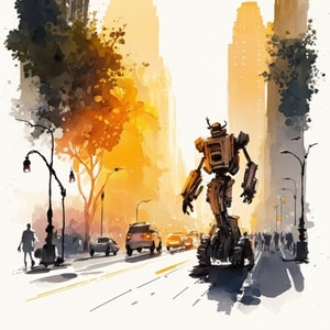 Robot in Town 5 - Pencil and Watercolor Style | AI generated printable Wall Art | Instant Download