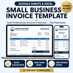 Può includere: Un modello di fattura digitale per piccole imprese per Google Sheets ed Excel, visualizzato su uno schermo di laptop e smartphone. Il layout blu e bianco include campi per i dettagli aziendali, i servizi, le tasse e i totali finali.