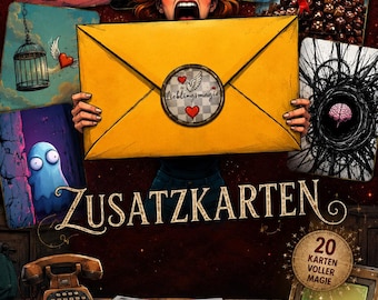 Könnte beinhalten: Ein Lenormand Next Generation Kartendeck mit einem zentralen gelben Umschlag, einer Person mit schockiertem Gesichtsausdruck und verschiedenen illustrierten Karten. Der Text lautet Lenormand Lieblingsmagie NEXT GENERATION, ZUSATZKARTEN und 20 KARTEN VOLLER MAGIE.