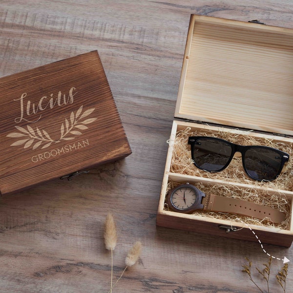 Personalized watch box with engraved watch and wooden sunglasses, men gift set, groomsmen gift