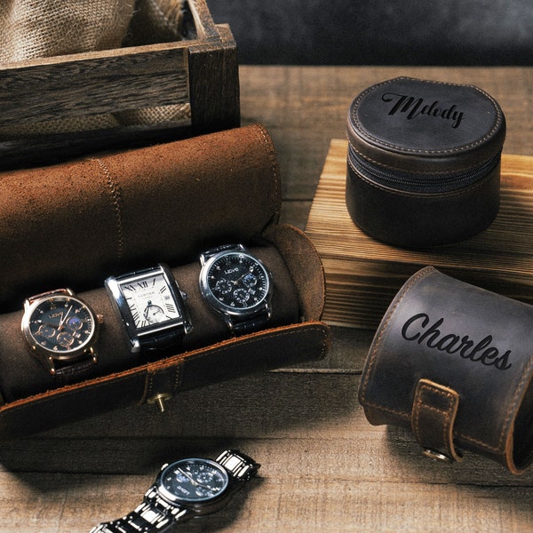 Étui à montres en cuir fabriqué à la main, organisateur de rangement personnalisé pour montres en cuir, élégant support de voyage pour montres en cuir pour hommes et femmes