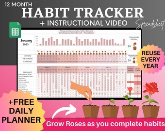 Plantilla de hoja de cálculo para seguimiento de hábitos / Planificador digital de objetivos en Hojas de cálculo de Google / Seguimiento de hábitos online / Seguimiento de hábitos diario, semanal y anual