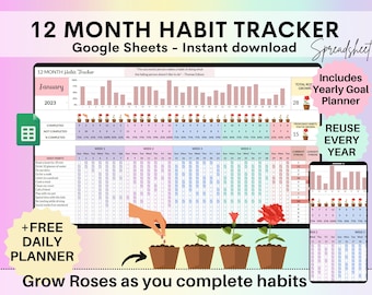 Hojas de cálculo de seguimiento de hábitos de Google / Hoja de cálculo de seguimiento de objetivos / Rastreador de hábitos digitales móvil / Plantilla de hoja de cálculo de seguimiento de hábitos diarios y anuales
