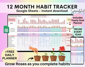 Hoja de cálculo de seguimiento de hábitos Hojas de cálculo de Google Digital Plantilla de seguimiento de hábitos - Seguimiento de objetivos Planificador semanal de objetivos de hábitos Rutina mensual de hábitos Digital