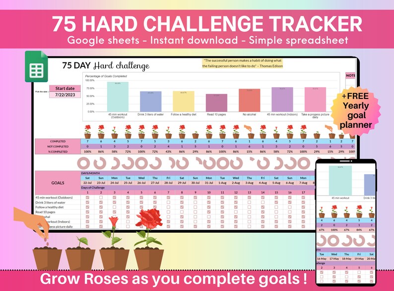 EDITABLE 75 Hard Challenge Tracker for Google Sheets 75 Day Hard