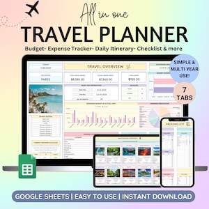 Planificateur de voyage Feuilles Google Planificateur de voyage numérique Itinéraire de voyage Feuille de calcul numérique budget de voyage Vacances Organisateur de vacances Liste de colisage