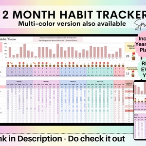 May include: A printable 12-month habit tracker with a colorful design. The tracker includes a daily habit log, a weekly progress chart, and a yearly goal planner. The text "12 MONTH HABIT TRACKER" is at the top of the page. The text "Multi-color version also available" is below the title. The text "Spreadsheet" is in the upper right corner. The text "Includes Yearly Goal Planner" is in the upper right corner. The text "REUSE EVERY YEAR" is in the lower right corner. The text "Link in Description - Do check it out" is at the bottom of the page.
