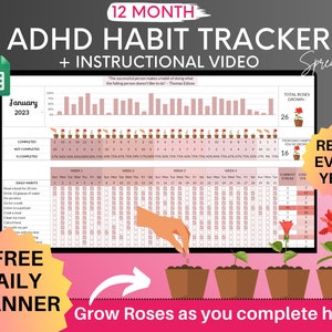 May include: A pink and white printable spreadsheet for tracking habits. The spreadsheet features a rose growing theme with a graphic of a hand planting a seed in a pot. The text "Grow Roses as you complete habits" is at the bottom of the image. The spreadsheet is titled "12 Month ADHD Habit Tracker + Instructional Video".