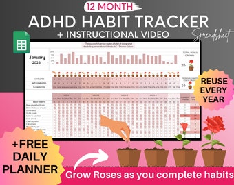Plantilla de hoja de cálculo para el seguimiento de hábitos del TDAH para Google Sheets / Optimizada para personas con TDAH, planificador digital para TDAH / Hoja de cálculo para registrar ideas