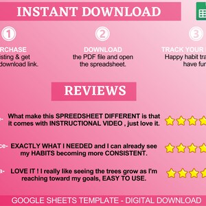 May include: Pink background with a white text overlay that reads "INSTANT DOWNLOAD".  There are three numbered steps for downloading a Google Sheets template.  The steps are: 1. Purchase the listing and get the instant download link. 2. Download the PDF file and open the spreadsheet. 3. Track your habits - Happy habit tracking and have fun.  The image also includes a section titled "REVIEWS" with three customer reviews and five-star ratings.