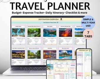 Organizador de planificador de viajes digital Hojas de cálculo de Google Plantilla de planificador de viajes Hoja de cálculo Plantilla de planificador de vacaciones Itinerario de viaje para vacaciones