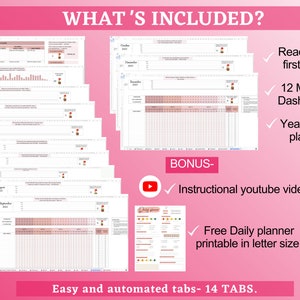 May include: A digital planner with 12 monthly dashboards, a yearly goal planner, and a free daily planner printable in letter size. It also includes a read me tab and an instructional youtube video. The planner has a pink and white color scheme.
