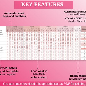 May include: A printable habit tracker spreadsheet with a pink and white color scheme. The spreadsheet includes a daily habit tracker with checkboxes for each day of the week, a current streak counter, and a longest streak counter. The spreadsheet is color-coded to indicate the longest streak. The text on the spreadsheet reads "KEY FEATURES", "Automatic week days and numbers", "DAILY HABITS", "WEEK 1", "WEEK 2", "WEEK 3", "WEEK 4", "CURRENT STREAK", "LONGEST STREAK", "Sun", "Mon", "Tue", "Wed", "Thu", "Fri", "Sat", "Read a book for 20 min", "Drink 50 glasses of water", "Do aerobics", "Go for a walk", "Listen to a podcast", "Cook a meal", "Clean my room", "Call a friend", "Play with my pet", "Spend time with the kids", "No texting while driving", "Social media free weekend", "Add upto 20 habits. Simply add or delete rows as required.", "Each week is beautifully color coded.", "Ready-made 12 Monthly tabs.", "You can also download this spreadsheet as PDF for printing."