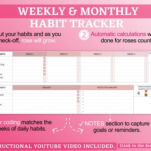 May include: A printable habit tracker with a pink and white color scheme. The tracker includes sections for weekly and monthly habits, with checkboxes for each day of the week. The tracker also includes a notes section for each month. The text on the tracker says "Weekly & Monthly Habit Tracker".