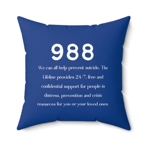 Almohada 988 Línea directa de prevención del suicidio para el suicidio Almohada cuadrada de poliéster azul