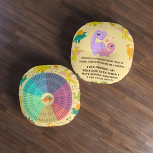 Round Pillow Toddler & Preschool Calm Down Corner Emotion Feelings Wheel with Dinosaur Theme Round Tufted Floor Pillow in two sizes