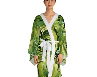 Robe Self Care Shades of Green on Black for Mental Health Awareness Long Sleeve Kimono Robe