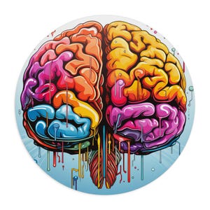 May include: A colorful illustration of a human brain, split into two hemispheres. The brain is depicted in vibrant hues of pink, orange, yellow, and blue, with a light blue background. The design features a stylized, artistic representation of the brain's structure.