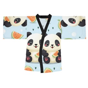 May include: A blue and white kimono with a black sash. The kimono features a repeating pattern of pandas eating watermelon.