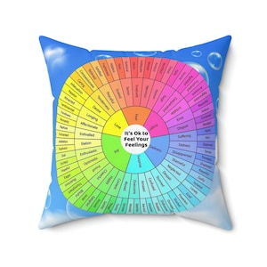 Almohada cuadrada para niños de primaria con diseño de burbujas, rueda de emociones y sentimientos en la parte delantera e información sobre regulación emocional en la parte trasera, diseño de burbujas, 4 tamaños