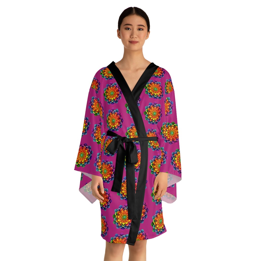 Colourful Robe Rainbow Flower Kimono Robe: Pink Floral Print, Long Sleeve Loungewear ...