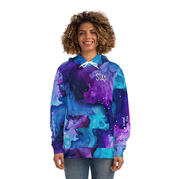 Pullover Hoodie Suicide Prevention Stay; the world is a better place with you in it Purple and Teal Swirl Pullover Hoodie