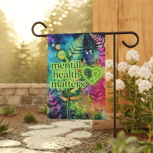 Garden Flag Mental Health Matters with Green Neon Heart Garden Flag Banner