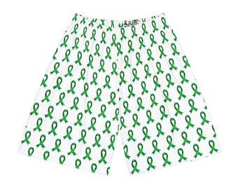 White Sports Shorts Printed with the Mental Health Awareness Green Ribbon Pattern