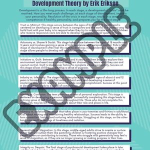 May include: A turquoise and white infographic illustrating the 8 stages of psychosocial development theory by Erik Erikson. Each stage is described with a title, a brief description, and the age range associated with it.