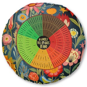 Round In A World Full Of Chaos Be Kind Deep Red Emotion Feelings Wheel Outline on the Wildflower Rounded Tufted Floor Pillow